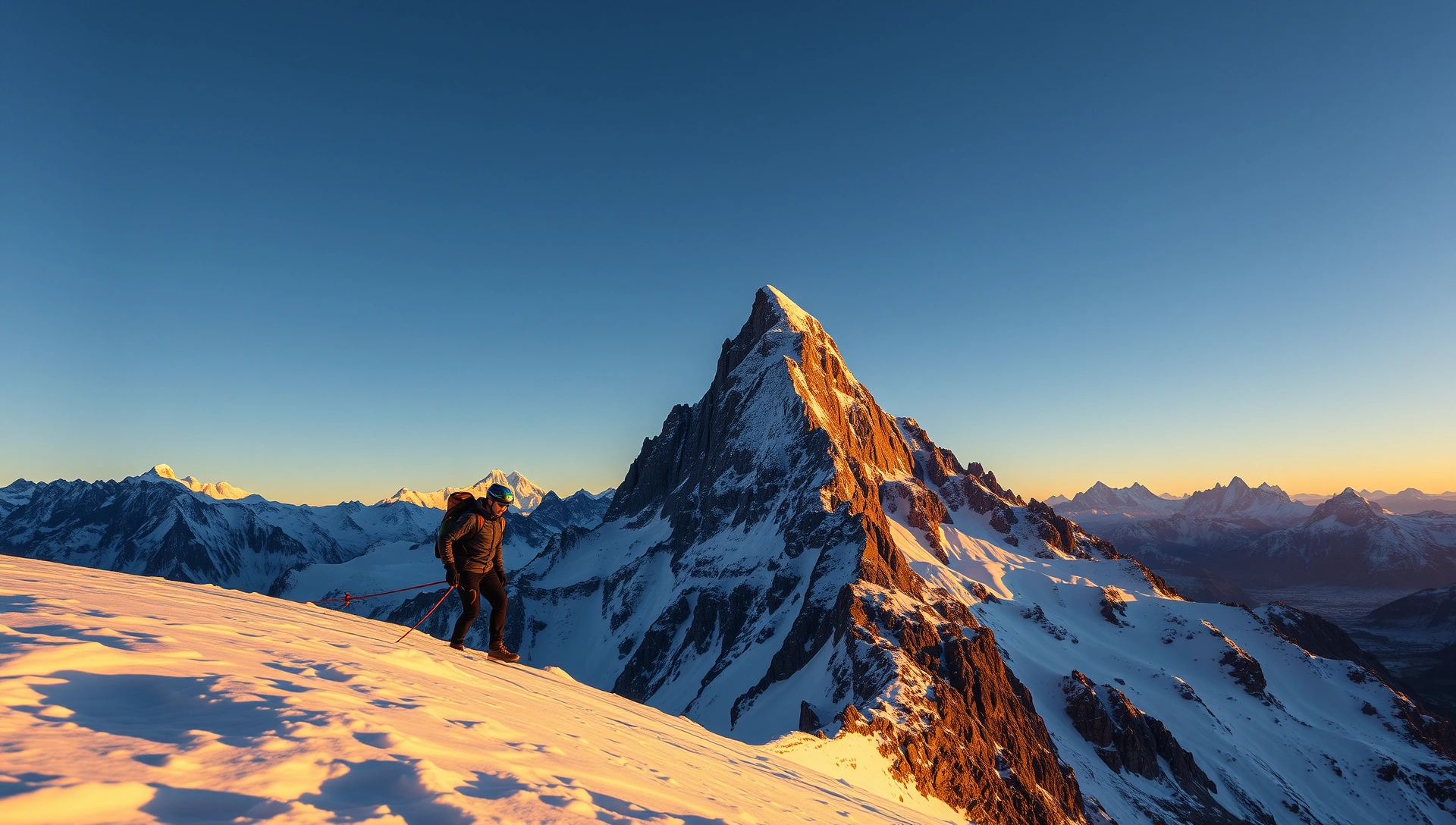 Athlete climbing through Swiss Alps snow peaks at golden hour wearing GIPFEL technical outerwear